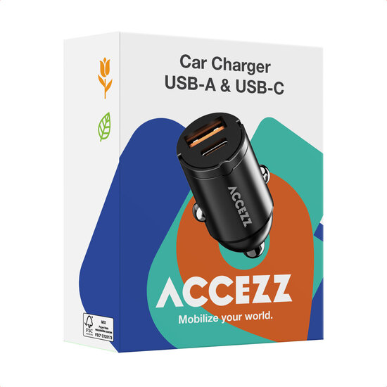 Accezz - Autolader | Snellader met 2 poorten - USB-A 30 watt + USB-C 65 watt - Black