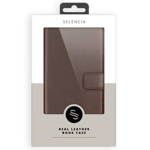 Selencia - Genuine Leather Bookcase voor Samsung Galaxy S24 Plus - Dark Brown