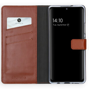 Selencia - Genuine Leather Bookcase voor Samsung Galaxy A42 - Light Brown