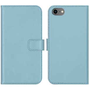 Selencia - Genuine Leather Bookcase pour Apple iPhone SE (2022 / 2020) / 8 / 7 / 6(s) - Air Blue