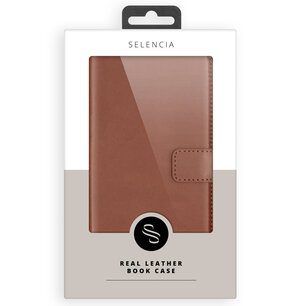 Selencia - Genuine Leather Bookcase voor Apple iPhone 17 - Light Brown