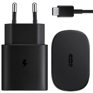 Samsung - Original USB-C to USB-C cable - 1 m - 25 Watt - Black + Original Fast Charging Adapter USB-C Charger - in factory packaging - 25 Watt - Black Samsung - Original USB-C to USB-C cable - 1 m - 25 Watt - Black + Original Fast Charging Adapter USB-C Charger - in factory packaging - 25 Watt - Black