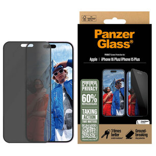 PanzerGlass - Privacy Ultra-Wide Fit Anti-Bacterial Screenprotector incl. applicator voor Apple iPhone 16 Plus - Transparent