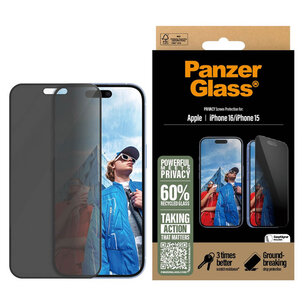 PanzerGlass - Privacy Ultra-Wide Fit Anti-Bacterial Screenprotector incl. applicator voor Apple iPhone 16 - Transparent