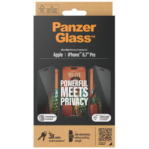 PanzerGlass - Privacy Ultra-Wide Fit Anti-Bacterial Screenprotector incl. applicator voor Apple iPhone 15 Pro Max - Transparent